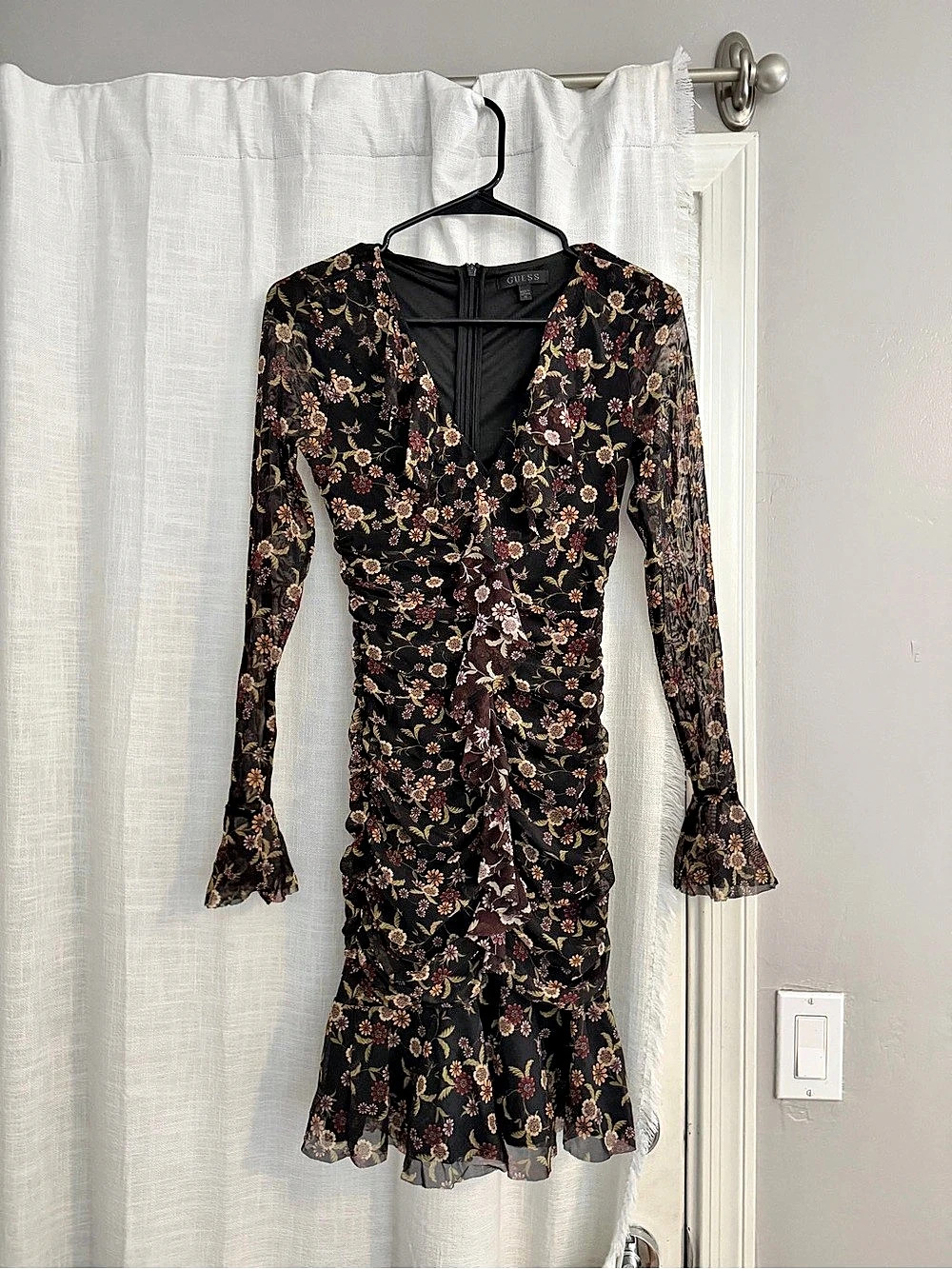 Guess Black Floral Mesh Ruched Long Sleeve Mini Dress XS